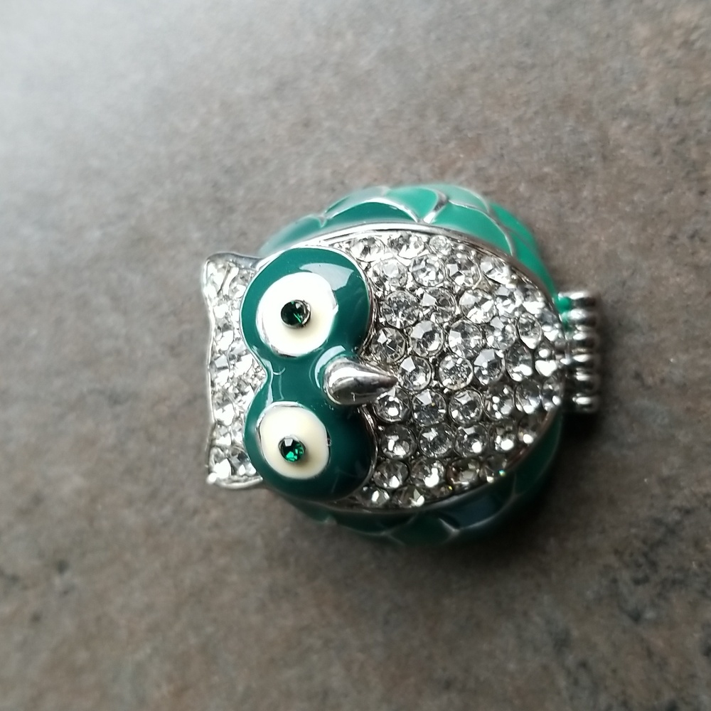 Owl Brooch Green Enamel Silver Rhinestones